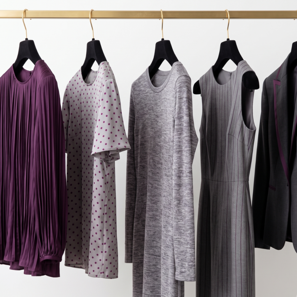 Five apparel samples hanging on a gold rail: a pleated purple dress, polka-dot blouse, grey knit dress, ribbed pinafore, and tailored blazer.