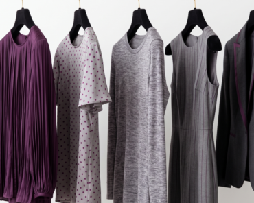 Five apparel samples hanging on a gold rail: a pleated purple dress, polka-dot blouse, grey knit dress, ribbed pinafore, and tailored blazer.