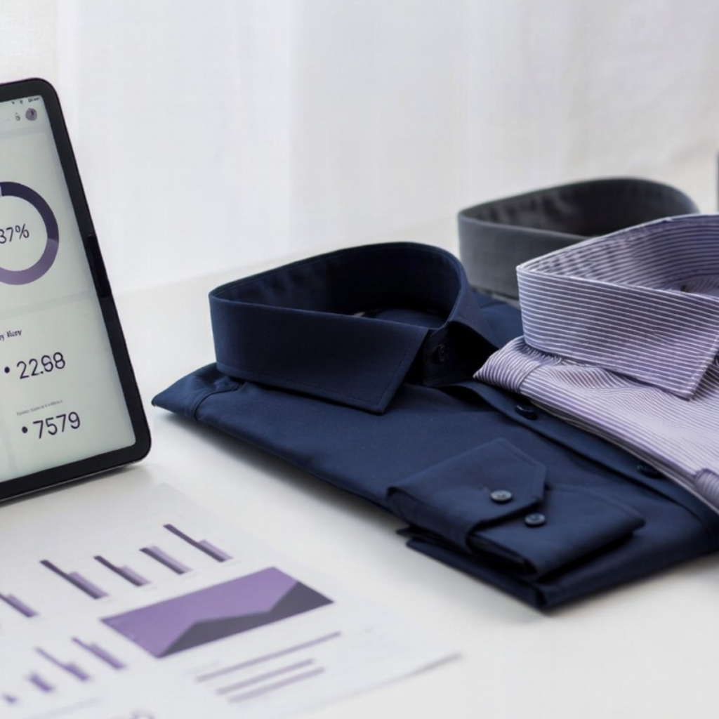 Fashion PLM dashboard displayed next to folded shirts and sourcing performance reports.